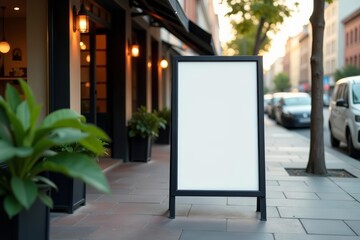 Blank cafe signboard on urban street corner with mock up design, urban, street, signboard