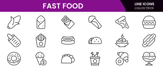 Fast food web icon set in line style. Pizza, chips, burger, French fries, hot dog, and cola. Vector illustration web line icon collection.