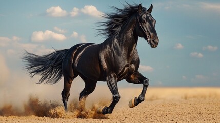 A black horse is running through a sandy field