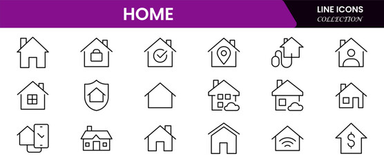House or Real estate icon set. It contains the house, key, buy, sell, loan, smart home, building, mortgage, address, renovation, land, kitchen, bedroom, living room, and bathroom. vector collection