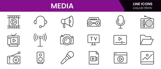 A set of line icons related to media, social networks, public media, journalism, communication, and networking. Outline icon collection. Vector illustration