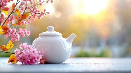 Serene teapot and flowers in soft sunlight tranquil springtime image