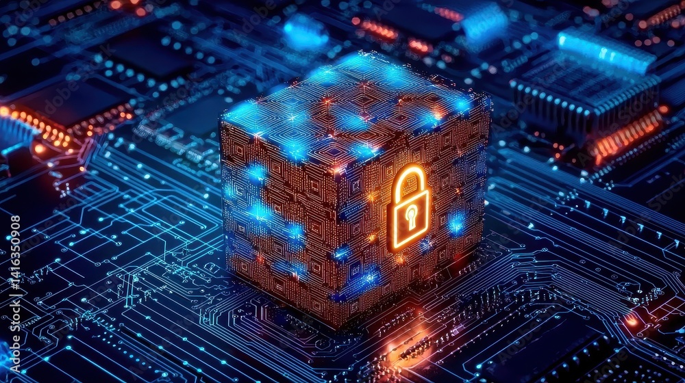 Poster a glowing, digital lock symbol in an abstract cube on a circuit board, representing cybersecurity an