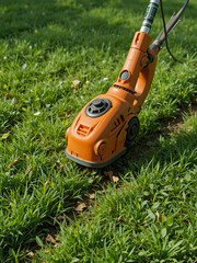 Weed whacker trimming the edges of a lawn, with grass clippings and neat lines, Practical, Bright, Detailed