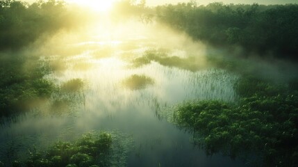 Misty sunrise over a tranquil swamp. Lush greenery and fog cover a still wetland.
