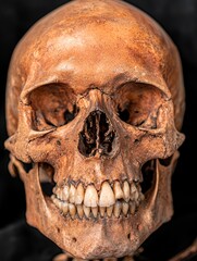 Obraz premium Realistic Pirate Skull with Jagged Teeth and Detailed Features on Dark Background
