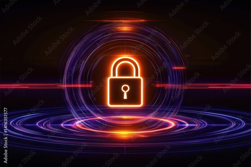Poster a glowing padlock icon in a digital swirl, symbolizing data security and encryption in a high-tech e