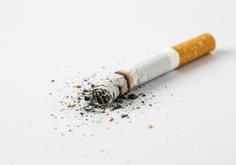 Obraz premium A close up of a cigarette with ash and a filter on a white surface in a studio lighting setup