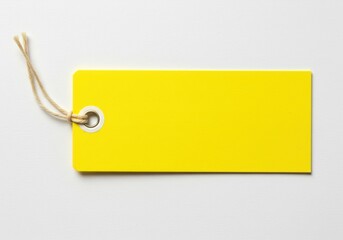 A bright yellow tag with a string attached lying on a white surface in a horizontal composition