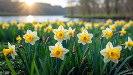Fototapeta premium Daffodil Flowers Blooming in Field with Sunset Reflection Over Water