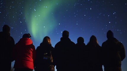 Group of People Admiring the Northern Aurora. Collective Appreciation of the Celestial Spectacle as They Witness the Illuminated Night Sky Together from a Back View.