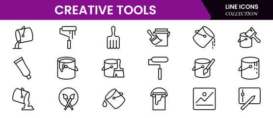 Creative Tools icon set Icon Collection. Includes art, blueprint, camera, canvas, color sample, and More. Outline icons vector collection.