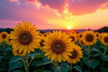 Fototapeta premium Vibrant sunflowers at sunset with purple sky in summer, sun, nature