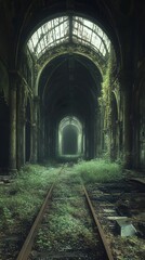 Obraz premium Overgrown Train Tracks in a Ruined Gothic Hall