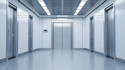 Fototapeta premium Modern Silver Round Podium in a Futuristic Hallway with Elevator Doors