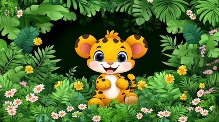 Fototapeten Adorable cartoon jaguar cub surrounded by lush foliage and vibrant flowers creating a whimsical and heartwarming scene in nature's embrace © Artajar