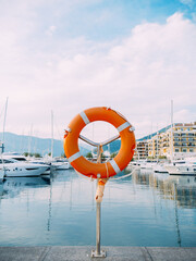 A colorful Lifebuoy is at the Marina among Boats under Blue Sky