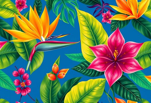 Vibrant tropical foliage seamless pattern featuring Bird of Paradise, Selenicereus, and Hoya Obovata on a blue background, foliage, exotic