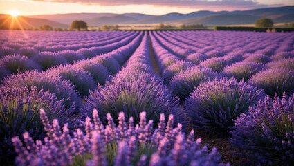Obraz premium Blooming Lavender Field at Sunset with Soft Light and Mountains