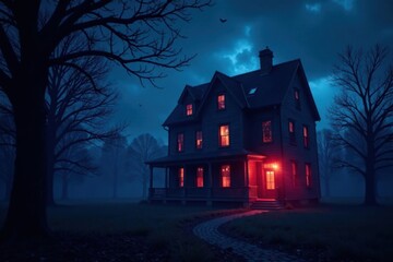 Spooky mansion at night with glowing eyes and creepy sounds, haunted house, ghostly presence