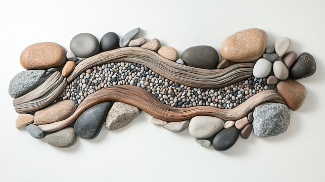 Magnificent Tableau of River Rocks Along Shoreline. Meticulously Arranged, Showcasing Extraordinary Forms, Dimensions, and Captivating Narratives Through Exquisite Configurations.