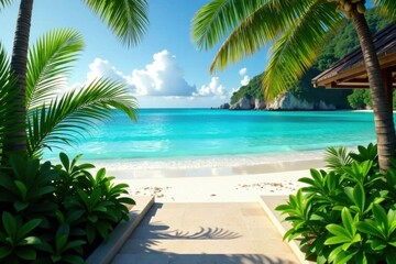 Steps leading into turquoise ocean water at a beachfront villa with lush tropical plants , steps, tropical