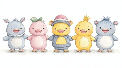 Naklejka premium Whimsical watercolor illustration of five adorable cartoon characters holding hands conveying friendship unity and joyful companionship for children's books and educational resources