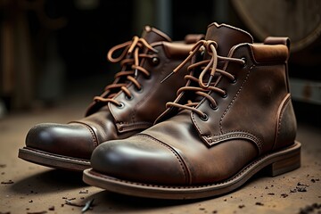 Brown leather boots displayed on a rustic surface with wood background and tools, showcasing craftsmanship