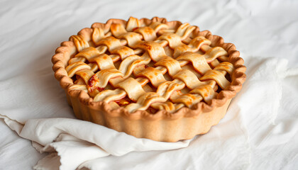 Freshly baked apple pie with a perfectly woven lattice crust, resting on a neutral-toned linen cloth in a serene setting