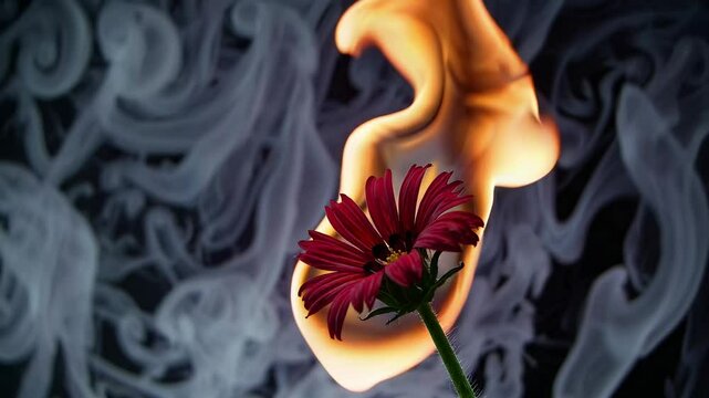 Close-up video of a red flower engulfed in flames, with swirling smoke in the background, shot from a low angle for dramatic effect. Live desktop wallpaper.