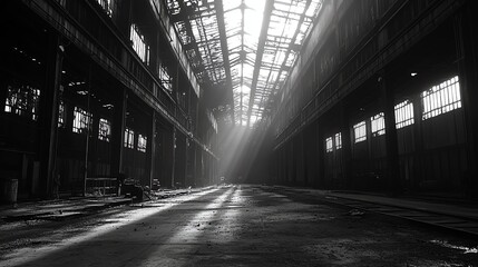 An abandoned industrial space features striking beams of light illuminating the dusty interior, creating an intriguing atmosphere perfect for urban exploration photography.