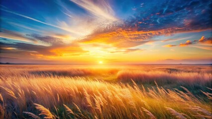 Fototapeta premium Golden Hour Serenity A Vibrant Sunset Over a Field of Tall Grass