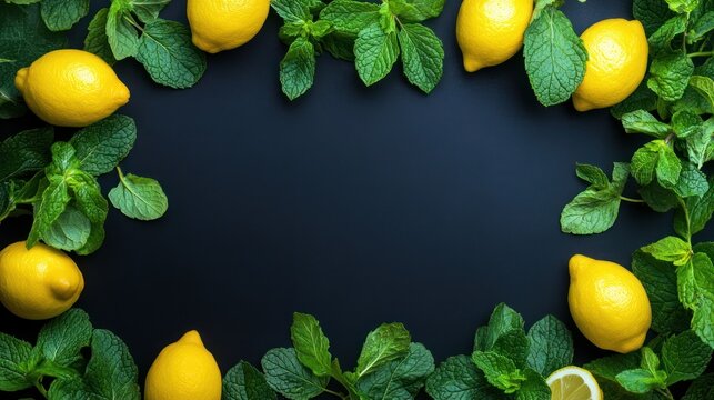 Lemons and mint frame, dark background, food photography, recipe blog