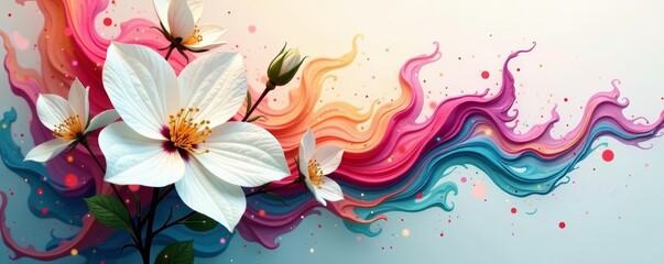 White flowers and vibrant ink swirls blending in artistic multiple exposure effect, nature, design