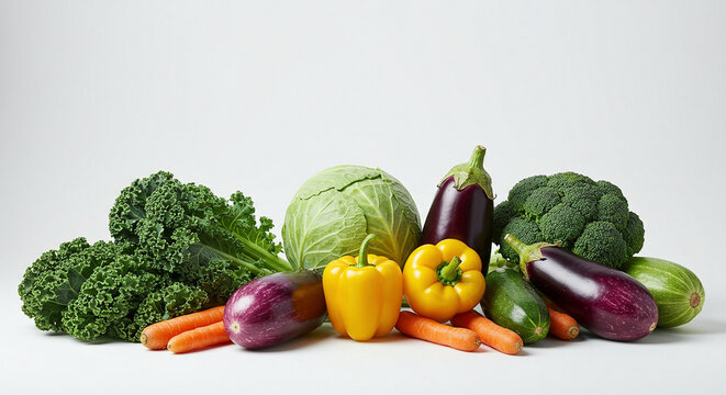 An assortment of fresh, colorful vegetables including kale, cabbage, peppers, broccoli, eggplants, carrots, and zucchini on a white background.