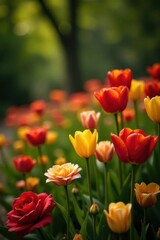Fototapeta premium Vibrant blooms of tulips and roses amidst lush greenery, colorful, tulips
