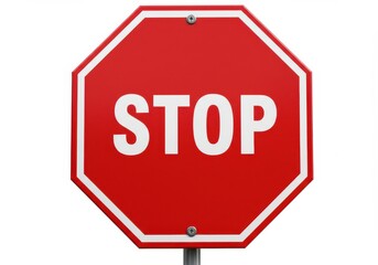 A red stop sign with white border and white stop text on a pole against a white background close up view