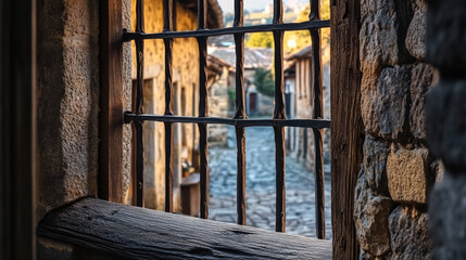 A wooden window with wrought iron bars looks out over an ancient cobblestone street in a charming European village.
