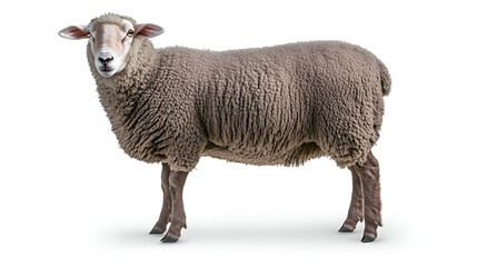 Fototapeta premium A horned sheep, a woolly mammal, stands on a clean white background