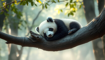 Obraz premium Baby Panda Sleeping on a Tree Branch