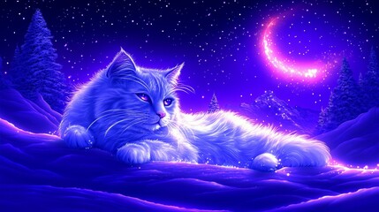 Ethereal feline fantasy beneath celestial glow, moonlight serenade, mystical creature gazing into starry expanse, whimsical nights dreamscape allure