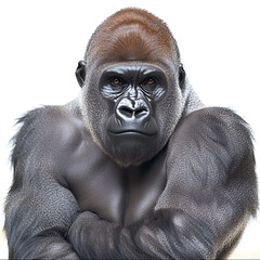 Obraz premium Thinking eyes of a big, strong, hairy western lowland gorilla face, an endangered mammal portrait in the wild Congo