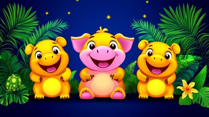 Fototapeta premium Enchanting Cartoon Animal Gathering a Cheerful Trio of Smiling Characters amidst Lush Greenery and Twinkling Stars in a Whimsical Scene