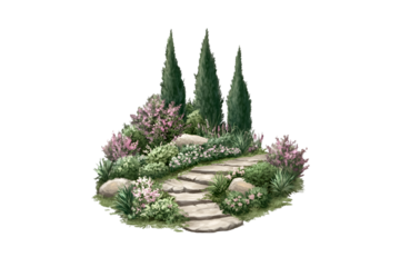 Stone Steps Garden Path Pink Flowers Green Plants Landscaping Design
