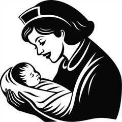 Nurse Gently Holding Newborn Baby in Black and White