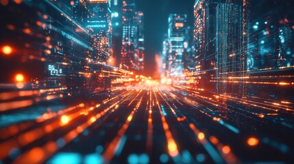 Fototapeta premium Futuristic city with glowing data streams. Concept of technology, data transfer, and digital communication.