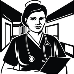Confident Female Nurse in Hospital Corridor Illustration