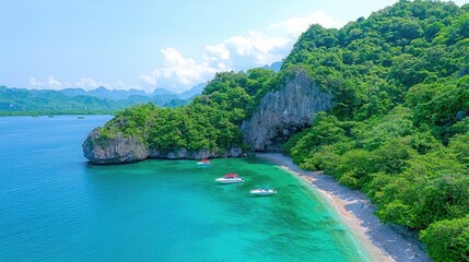 Obraz premium Secluded cove turquoise water lush greenery peaceful beach scenic aerial view vacation travel paradise