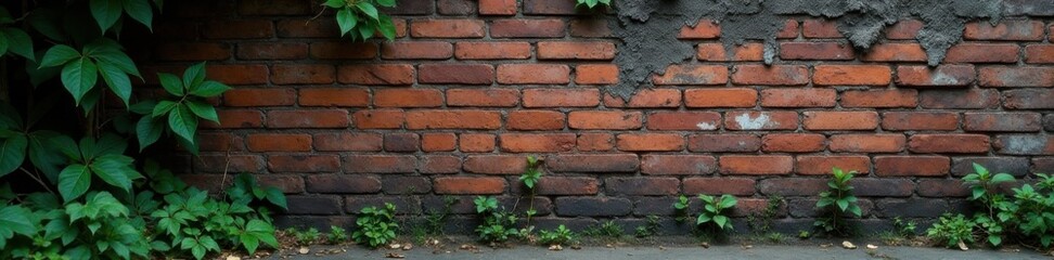 Weathered brick walls with grey moss and vines, dark grunge atmosphere, abandoned, gloom