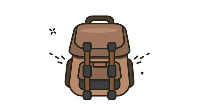 Traveling icon animation of a brown backpack with buckles and straps. looping and alpha channel
